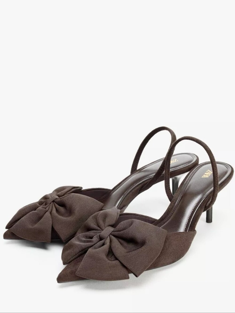 Zara Women’s Brown Bow Pointed-Toe Slingback Heels